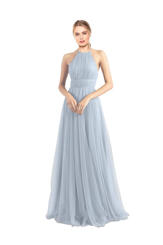 Tulle Halter Neck Sleeveless Open Back Light Sky Blue Long Bridesmaid Dress Kent