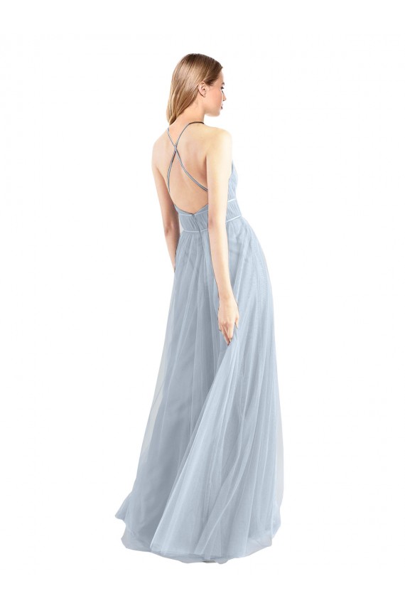 Tulle Halter Neck Sleeveless Open Back Light Sky Blue Long Bridesmaid Dress Kent