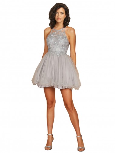 Tulle Halter Neck Sleeveless Open Back Short Bridesmaid Dress Kent