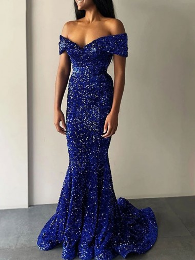 Velvet Sequin Off the Shoulder Sleeveless Sweep Train Prom Dresses Kent