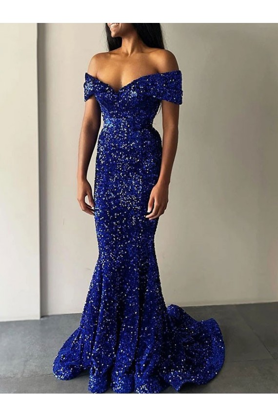 Velvet Sequin Off the Shoulder Sleeveless Sweep Train Prom Dresses Kent