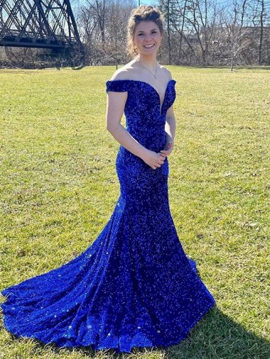 Velvet Sequin Off the Shoulder Sleeveless Sweep Train Prom Dress Kent