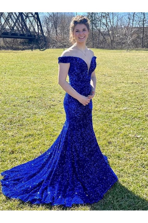 Velvet Sequin Off the Shoulder Sleeveless Sweep Train Prom Dress Kent