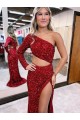 Velvet Sequin One Shoulder Long Sleeves Sweep Train Evening Dress Kent