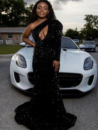 Velvet Sequin One Shoulder Long Sleeves Sweep Train Prom Dress Kent