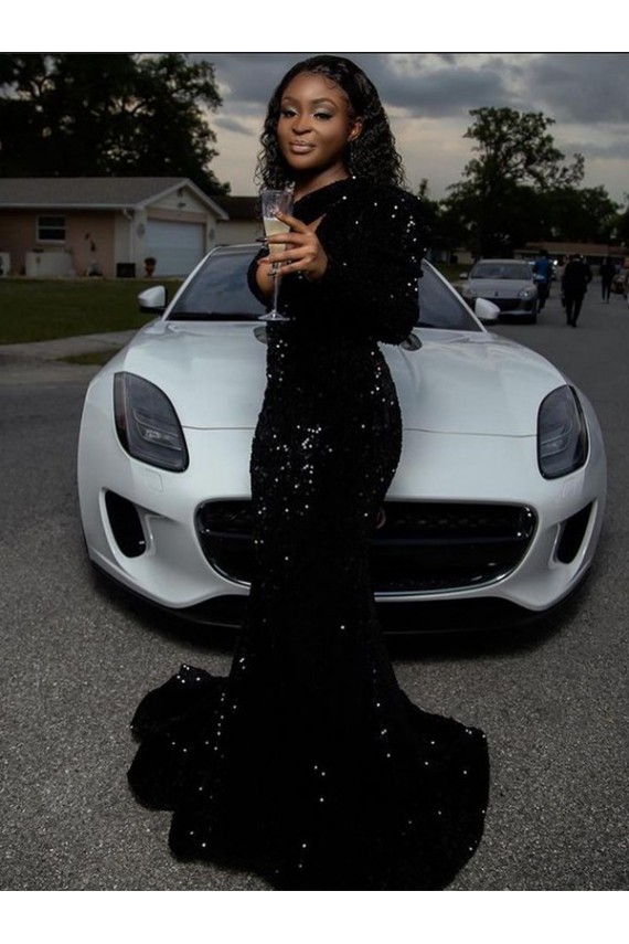 Velvet Sequin One Shoulder Long Sleeves Sweep Train Prom Dress Kent