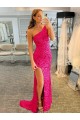 Velvet Sequin One Shoulder Sleeveless Sweep Train Long Evening Dress Kent