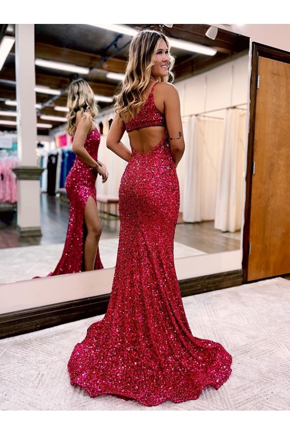 Velvet Sequin One Shoulder Sleeveless Sweep Train Evening Dress Kent