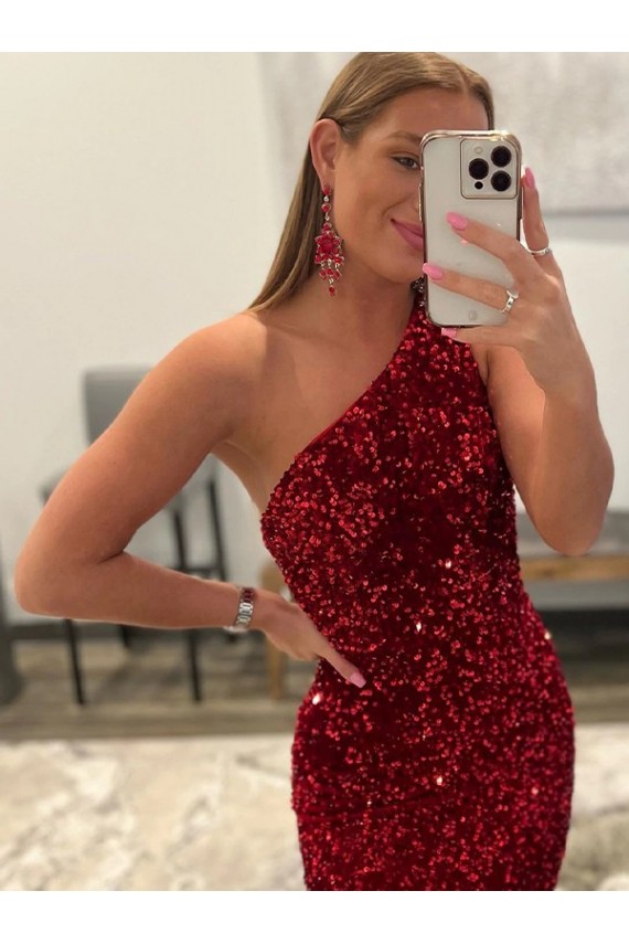 Velvet Sequin One Shoulder Sleeveless Sweep Train Prom Dress Kent