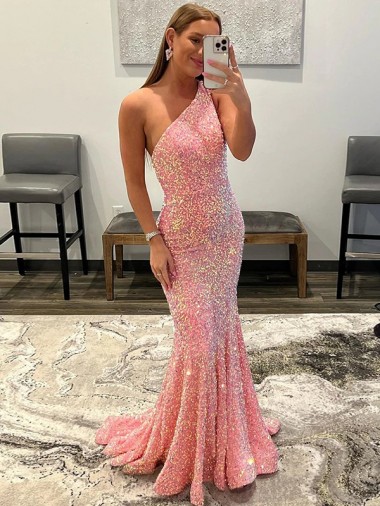 Velvet Sequin One Shoulder Sleeveless Sweep Train Prom Dress Kent