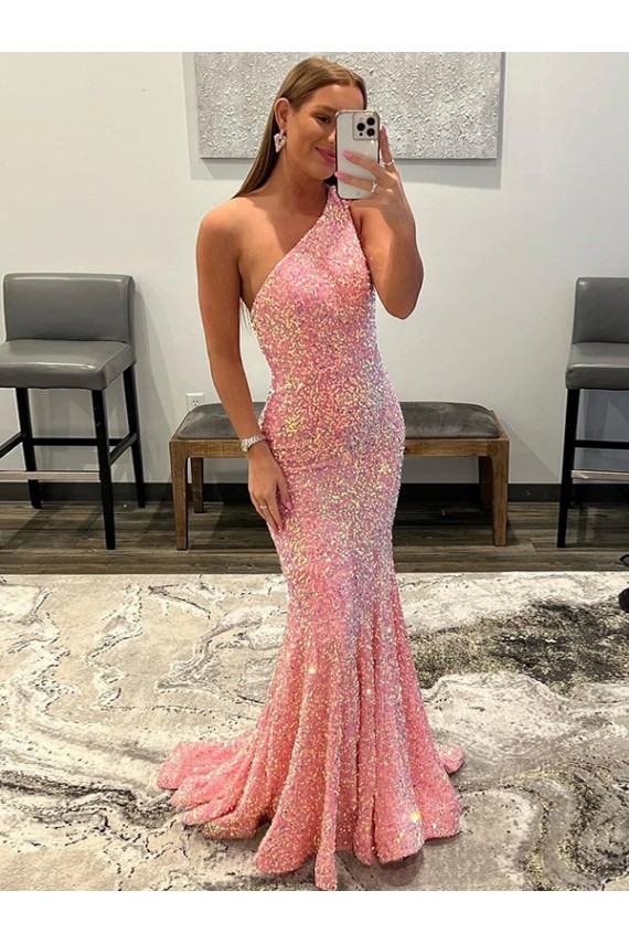 Velvet Sequin One Shoulder Sleeveless Sweep Train Prom Dress Kent