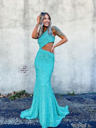 Velvet Sequin One Shoulder Sleeveless Sweep Train Prom Dresses Kent