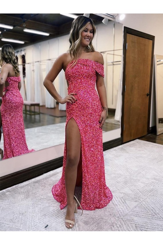 Velvet Sequin One Shoulder Sleeveless Sweep Train Evening Gown Kent