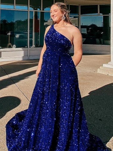 Velvet Sequin One Shoulder Sleeveless Sweep Train Prom Dress / Evening Gown Kent