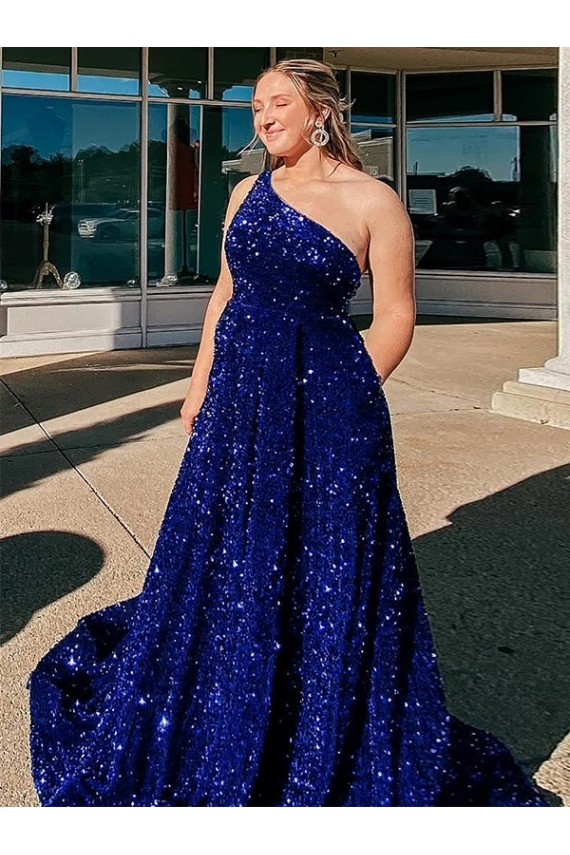 Velvet Sequin One Shoulder Sleeveless Sweep Train Prom Dress / Evening Gown Kent