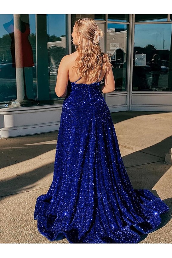 Velvet Sequin One Shoulder Sleeveless Sweep Train Prom Dress / Evening Gown Kent