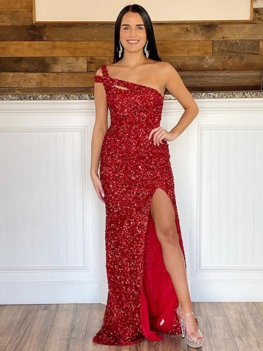 Velvet Sequin One Shoulder Sleeveless Sweep Train Prom Dress Kent