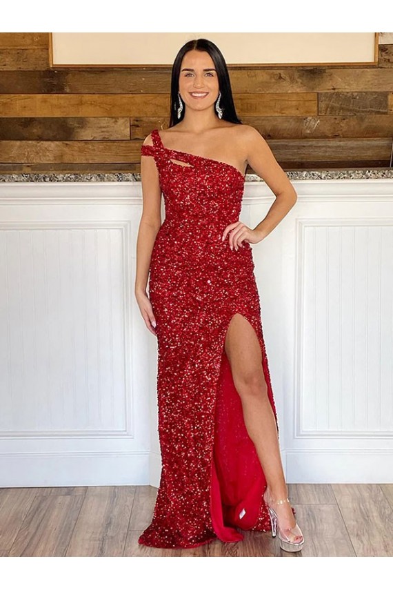 Velvet Sequin One Shoulder Sleeveless Sweep Train Prom Dress Kent