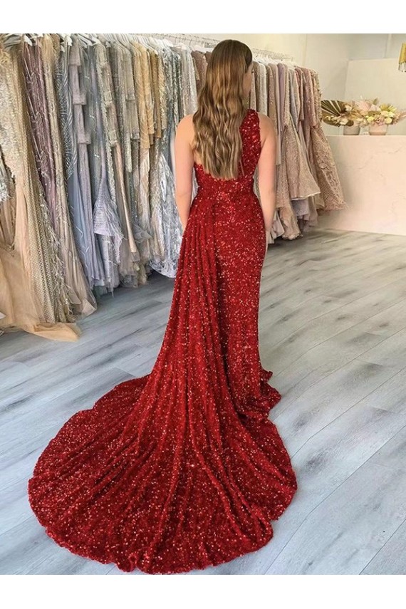 Velvet Sequin One Shoulder Sleeveless Court Train Prom Dress Kent