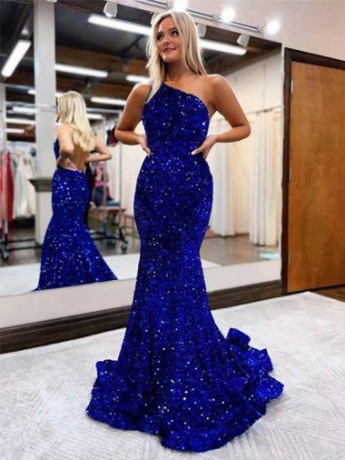 Velvet Sequin One Shoulder Sleeveless Sweep Train Long Prom Dress Kent