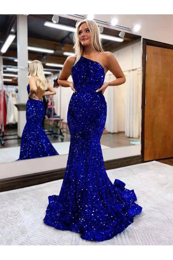 Velvet Sequin One Shoulder Sleeveless Sweep Train Long Prom Dress Kent