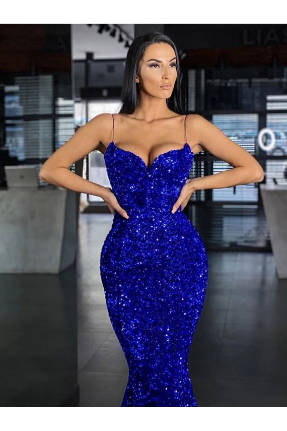 Velvet Sequin Spaghetti Straps Sleeveless Mermaid Sweep Train Evening Gown / Prom Dress Kent