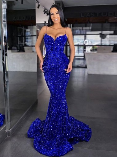 Velvet Sequin Spaghetti Straps Sleeveless Mermaid Sweep Train Evening Gown / Prom Dress Kent