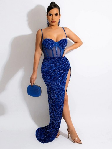 Velvet Sequin Spaghetti Straps Sleeveless Royal Blue Sweep Train Evening Dress Kent
