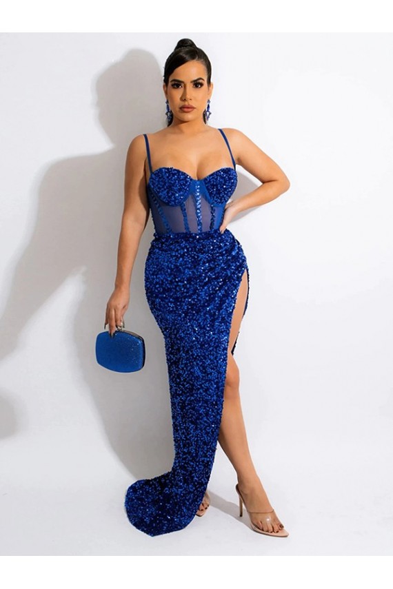 Velvet Sequin Spaghetti Straps Sleeveless Royal Blue Sweep Train Evening Dress Kent