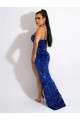 Velvet Sequin Spaghetti Straps Sleeveless Royal Blue Sweep Train Evening Dress Kent