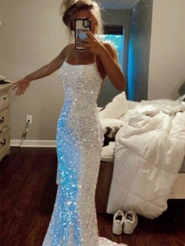 Velvet Sequin Spaghetti Straps Sleeveless Sweep Train Evening Dress Kent