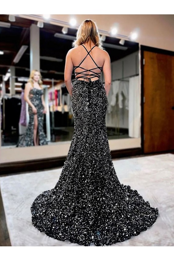 Velvet Sequin Spaghetti Straps Sleeveless Sweep Train Prom Dress Kent