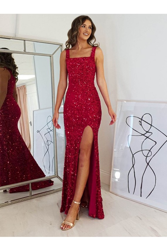 Velvet Sequin Square Neck Sleeveless Long Prom Dress Kent