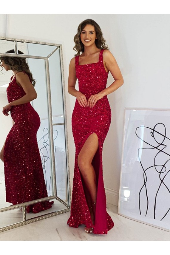 Velvet Sequin Square Neck Sleeveless Long Prom Dress Kent