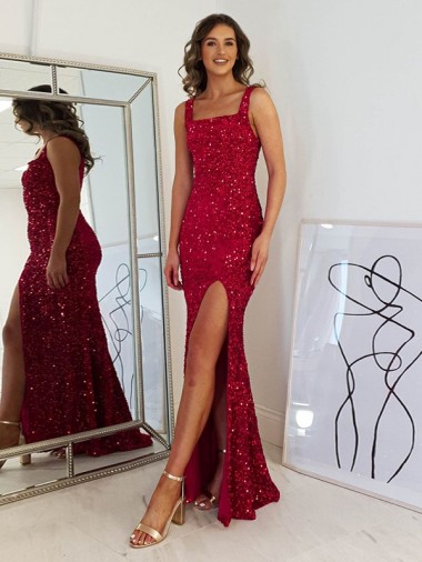 Velvet Sequin Square Neck Sleeveless Long Prom Dress Kent