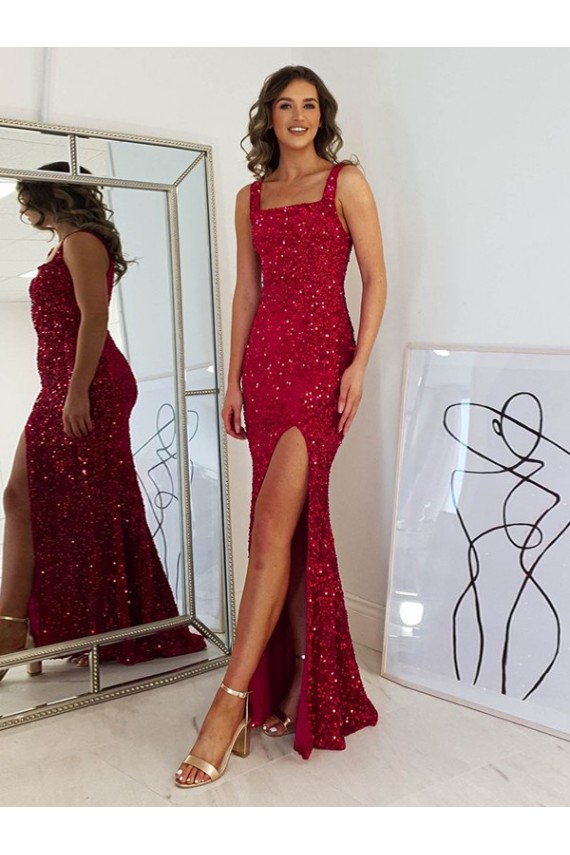 Velvet Sequin Square Neck Sleeveless Long Prom Dress Kent