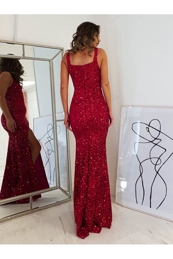 Velvet Sequin Square Neck Sleeveless Long Prom Dress Kent