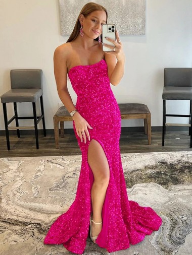 Velvet Sequin Strapless Sleeveless Fuchsia Sweep Train Prom Dress Kent