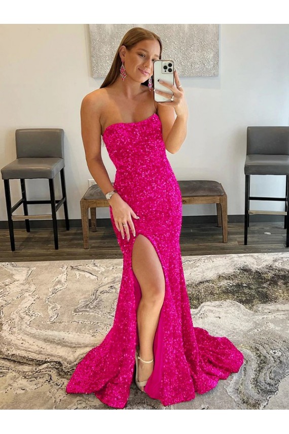 Velvet Sequin Strapless Sleeveless Fuchsia Sweep Train Prom Dress Kent