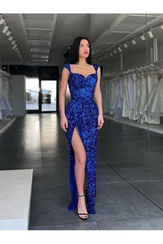 Velvet Sequin Spaghetti Straps Sleeveless Royal Blue Sweep Train Evening Gown / Prom Dress Kent