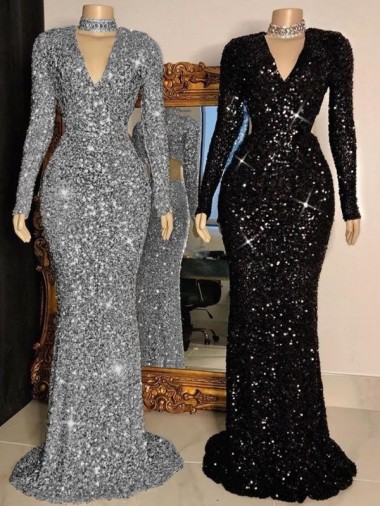 Velvet Sequin V-Neck Long Sleeves Sweep Train Prom Dress Kent