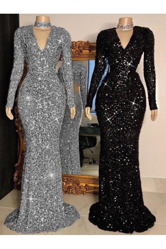 Velvet Sequin V-Neck Long Sleeves Sweep Train Prom Dress Kent