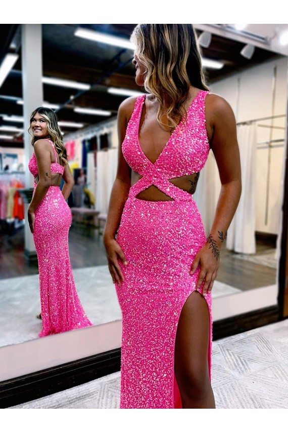 Velvet Sequin V-Neck Sleeveless Long Sweep Train Evening Dress Kent