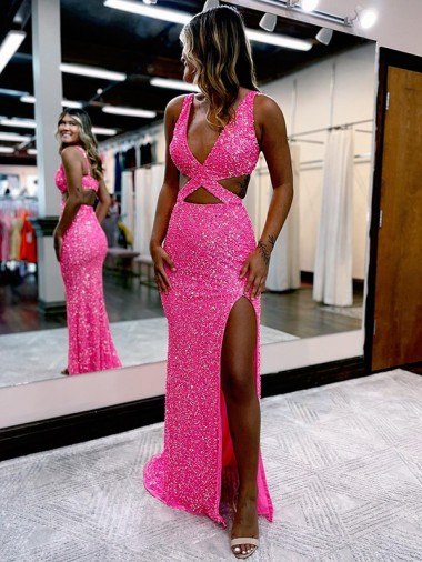 Velvet Sequin V-Neck Sleeveless Long Sweep Train Evening Dress Kent