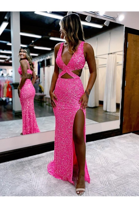 Velvet Sequin V-Neck Sleeveless Long Sweep Train Evening Dress Kent