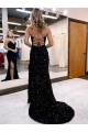 Velvet Sequin V-Neck Sleeveless Royal Blue Sweep Train Evening Dress Kent
