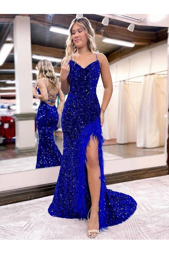 Velvet Sequin V-Neck Sleeveless Royal Blue Sweep Train Evening Dress Kent