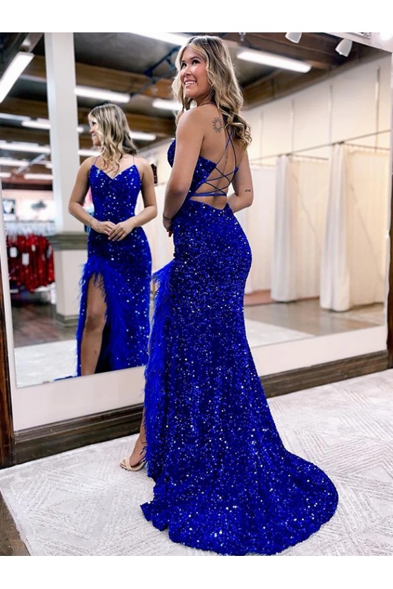 Velvet Sequin V-Neck Sleeveless Royal Blue Sweep Train Evening Dress Kent