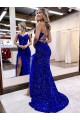 Velvet Sequin V-Neck Sleeveless Royal Blue Sweep Train Evening Dress Kent