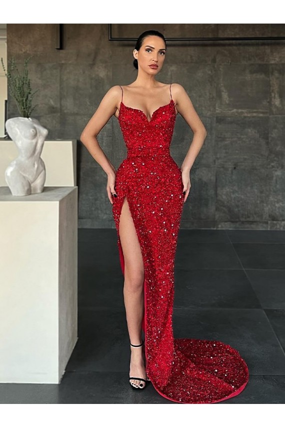 Velvet Sequin V-Neck Sleeveless Red Sweep Train Evening Gown / Prom Dress Kent
